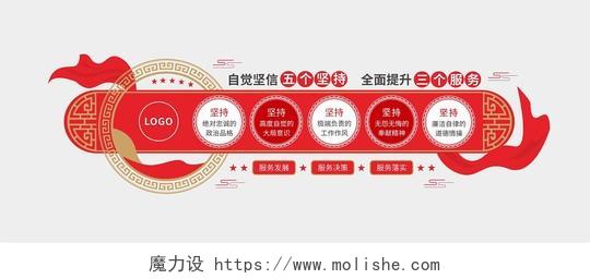 红色中式边框党建五个坚持三个服务文化墙背景